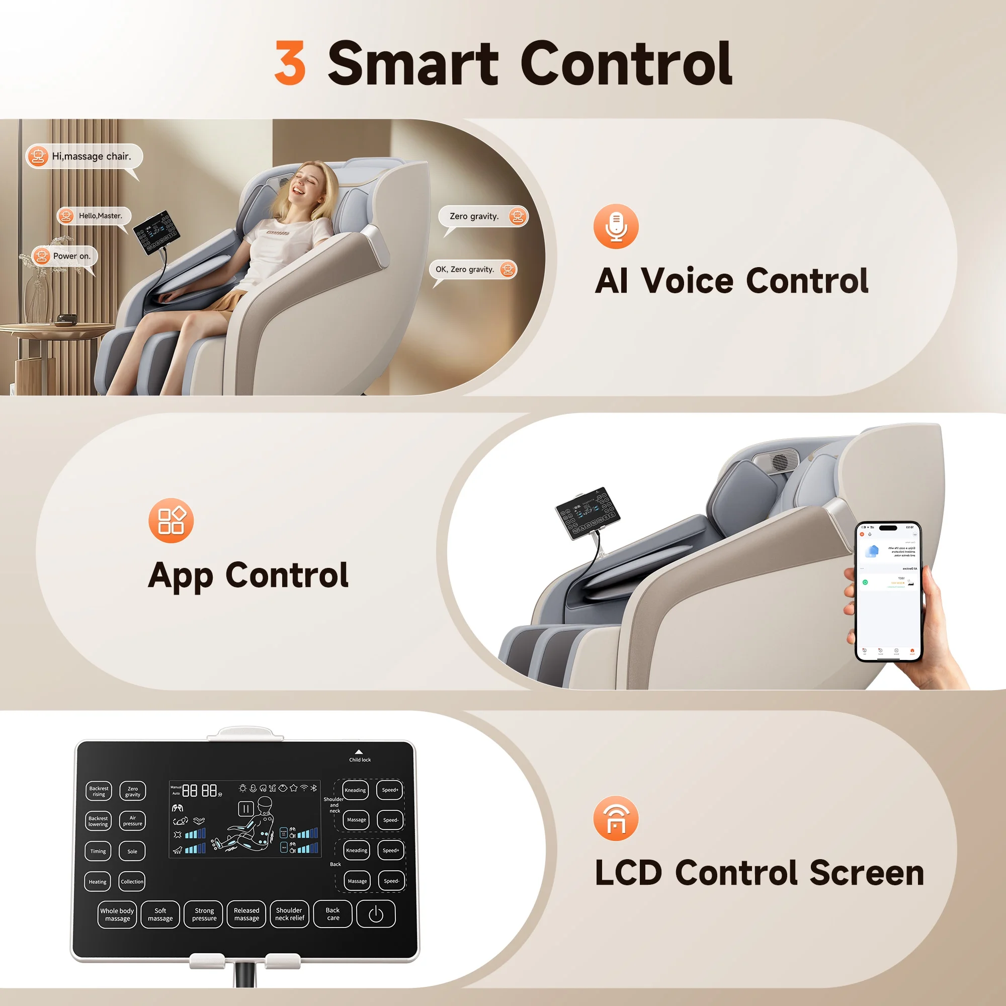 4D Zero-Gravity Massage Chair with Heat + LCD Control - Beige