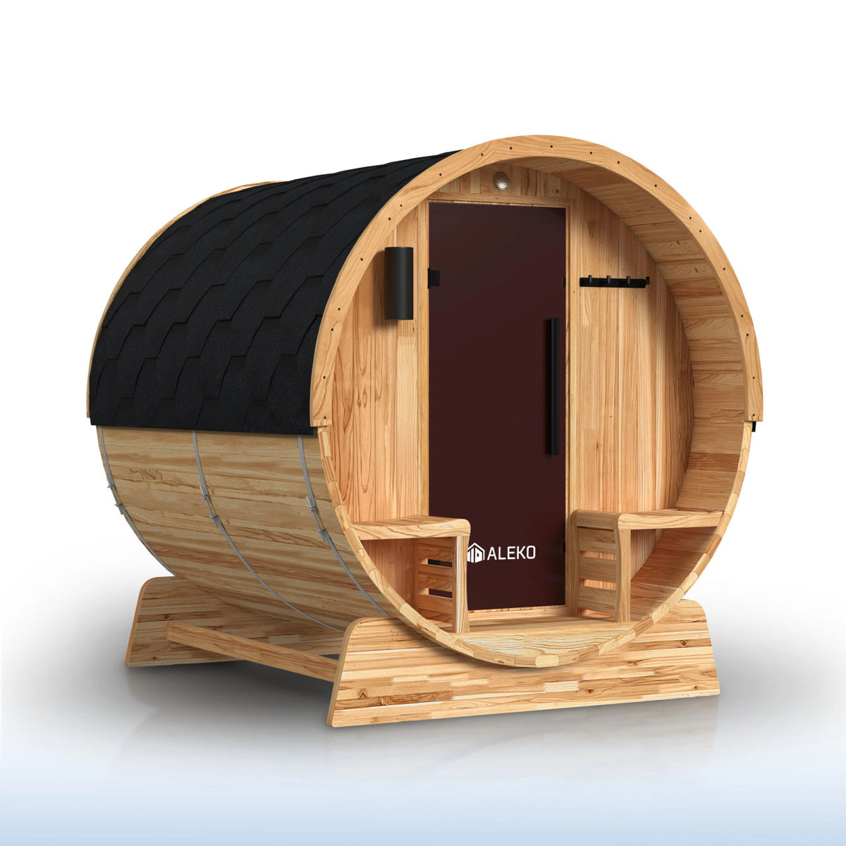 ALEKO Liatris Rustic Cedar Barrel Sauna with Front Porch Canopy – 2-4 Person