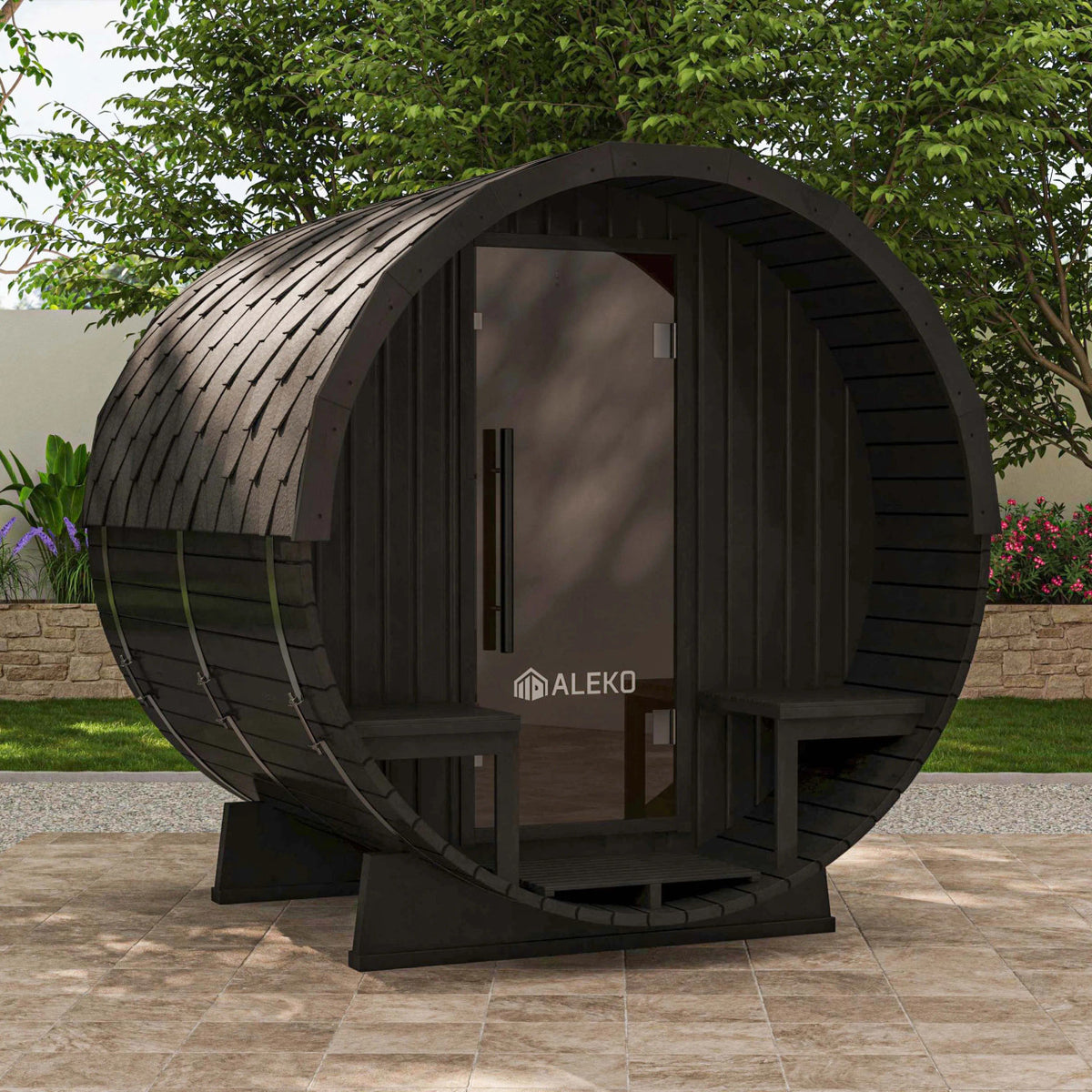 ALEKO Aster Barrel Outdoor Sauna with Porch – 3-5 Person Red Cedar Sauna