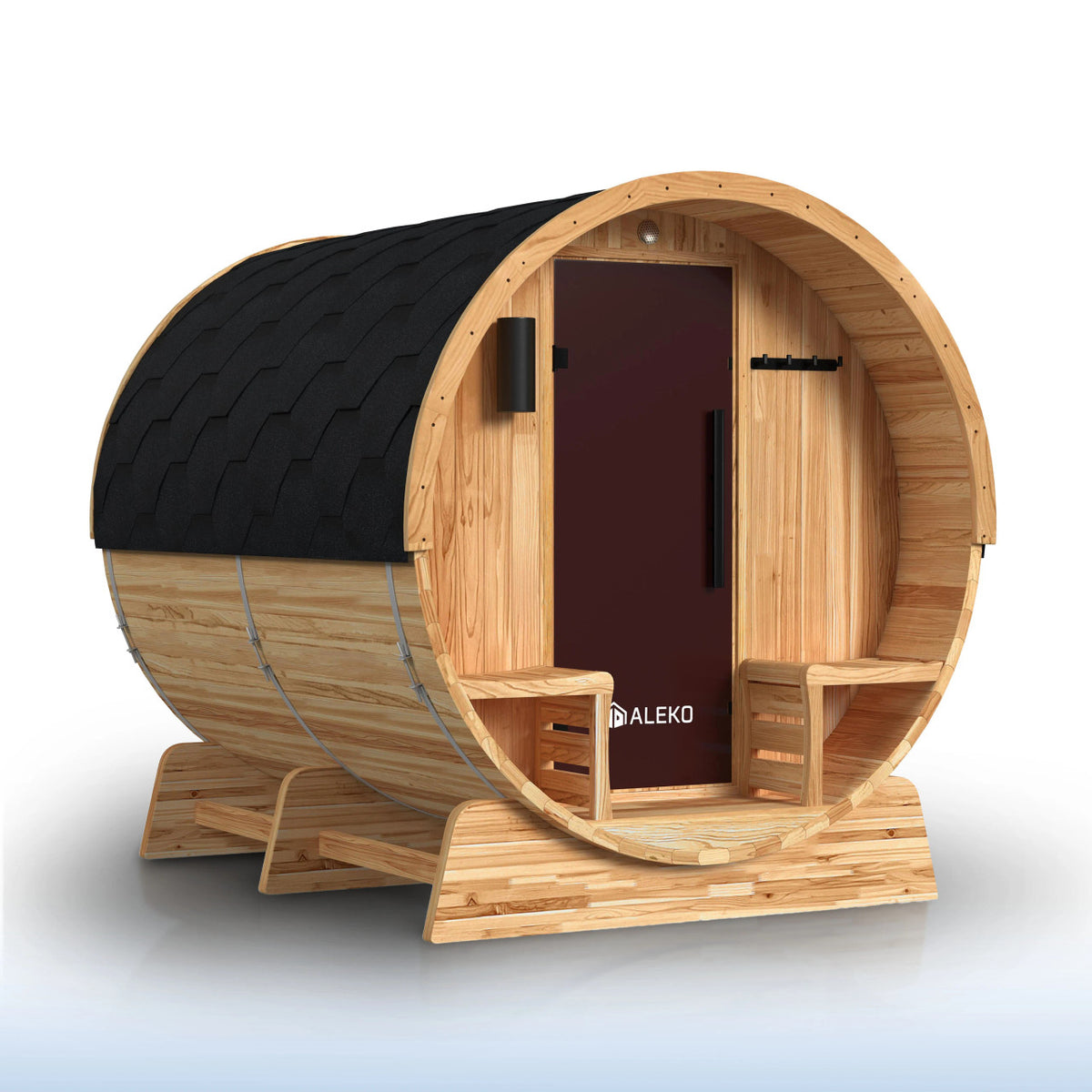 ALEKO Liatris Rustic Cedar Barrel Sauna with Front Porch Canopy – 5-6 Person