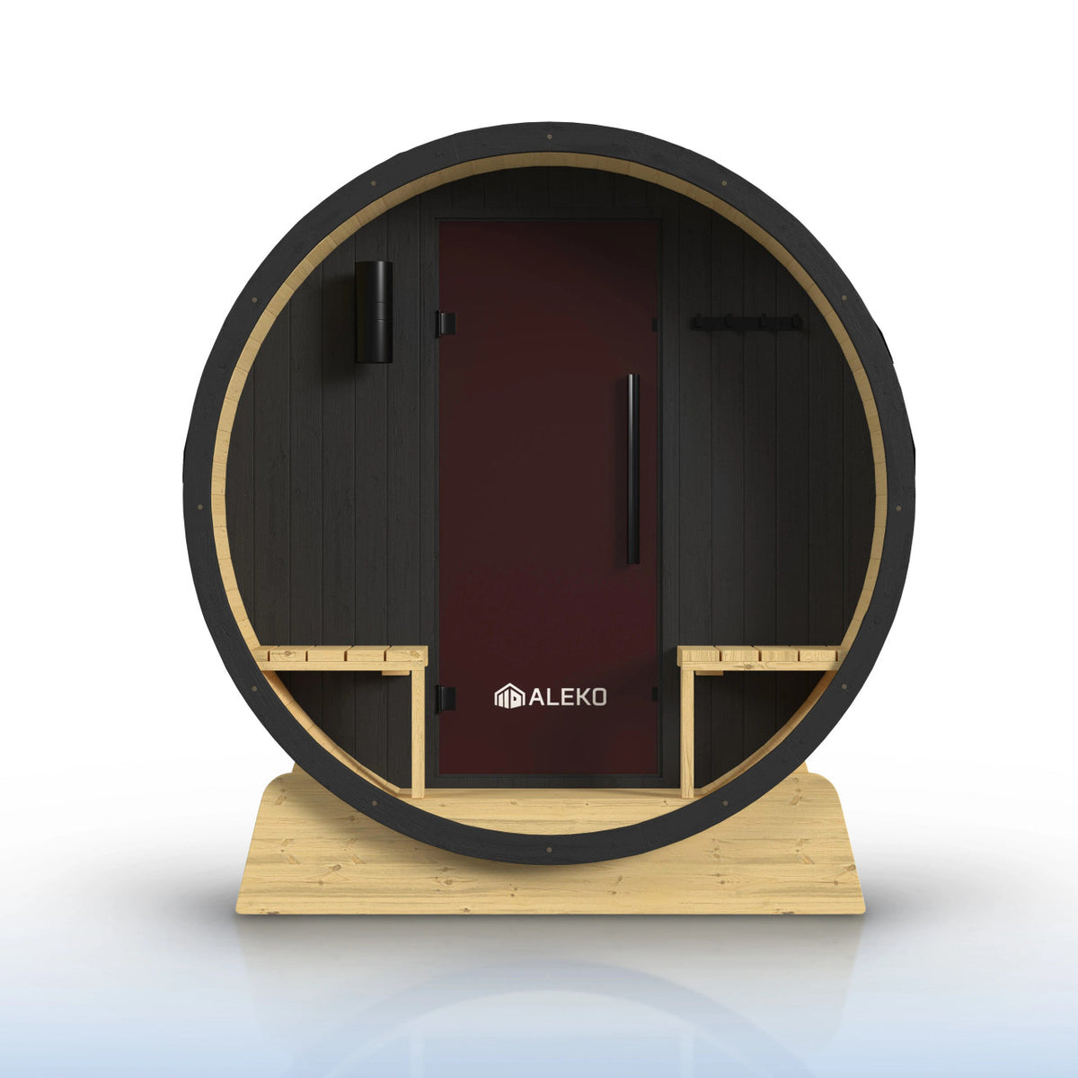 ALEKO Anémona White Finland Pine Barrel Sauna with Front Porch Canopy & Black Accents – 6-8 Person