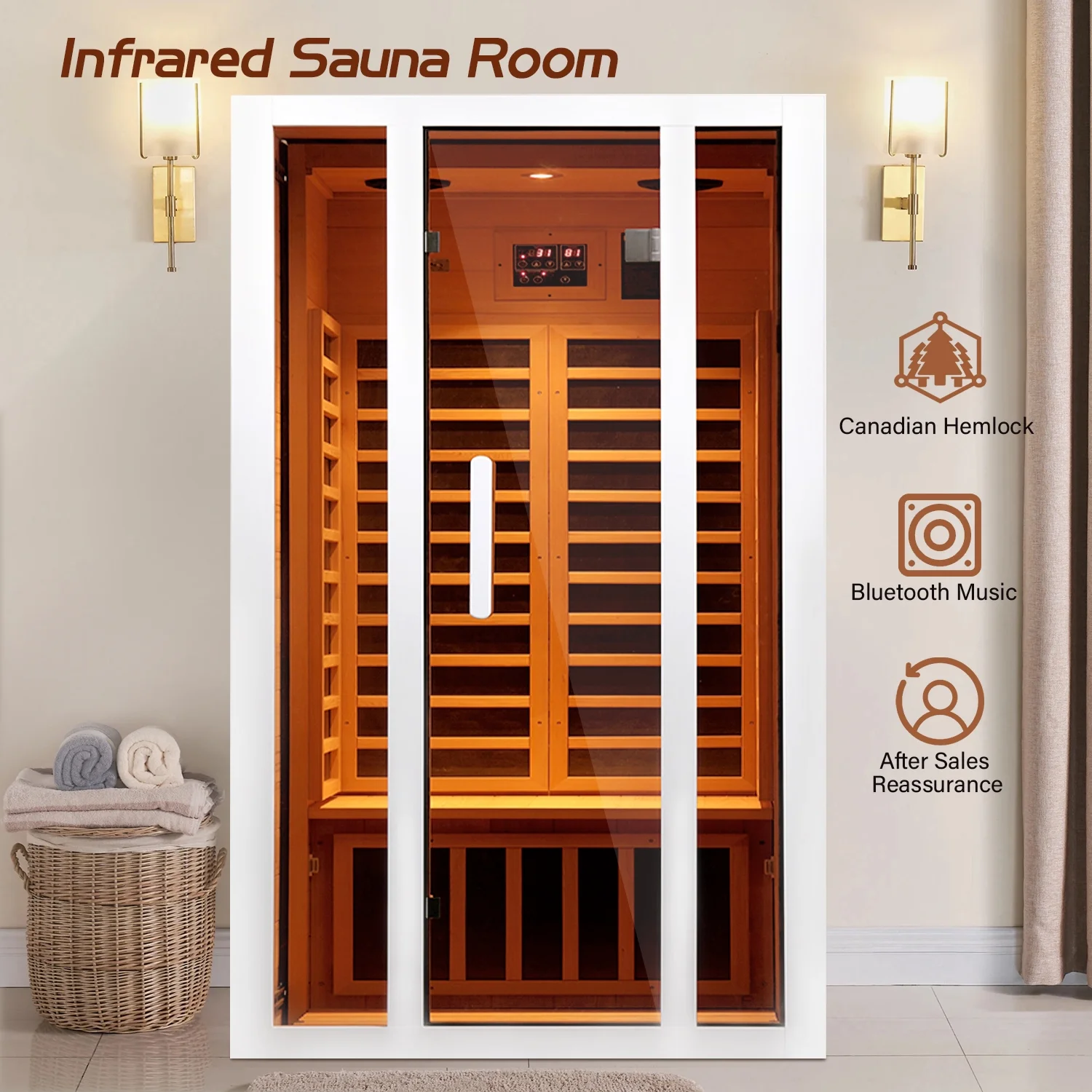2 Person Extendable FAR Infrared Sauna for Home, Hemlock Wood Low EMF 6 Carbon Heaters Indoor Saunas with LED Lights, Bluetooth Speaker, Digital Control Panel, and Seating Bench