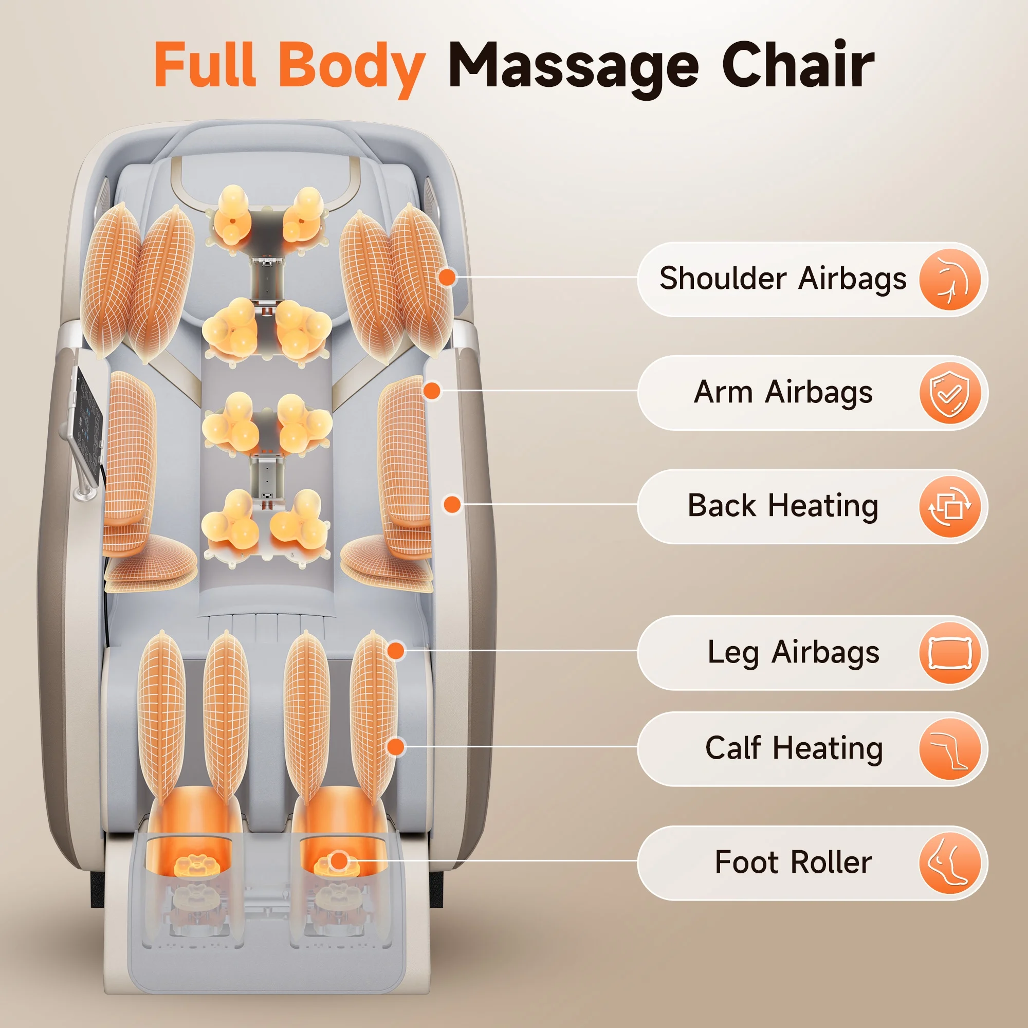 4D Zero-Gravity Massage Chair with Heat + LCD Control - Beige