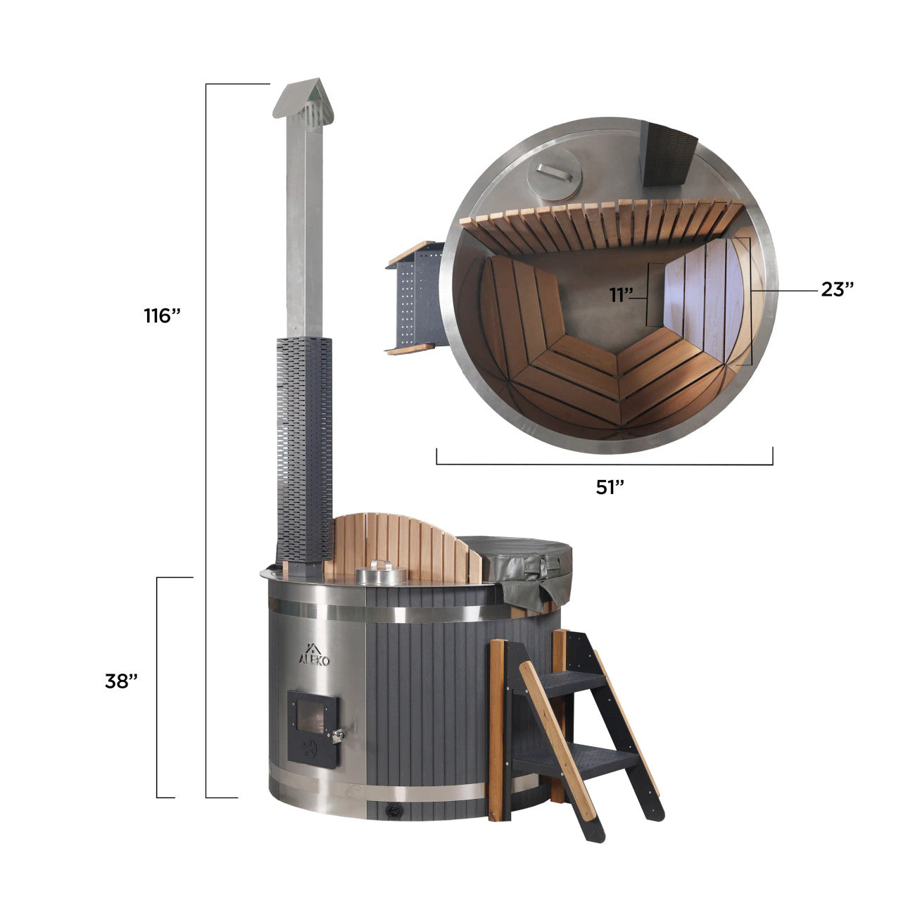 Stainless Steel Hot Tub &amp; Cold Plunge Tub – Wood-Fired Heater – 1-3 People