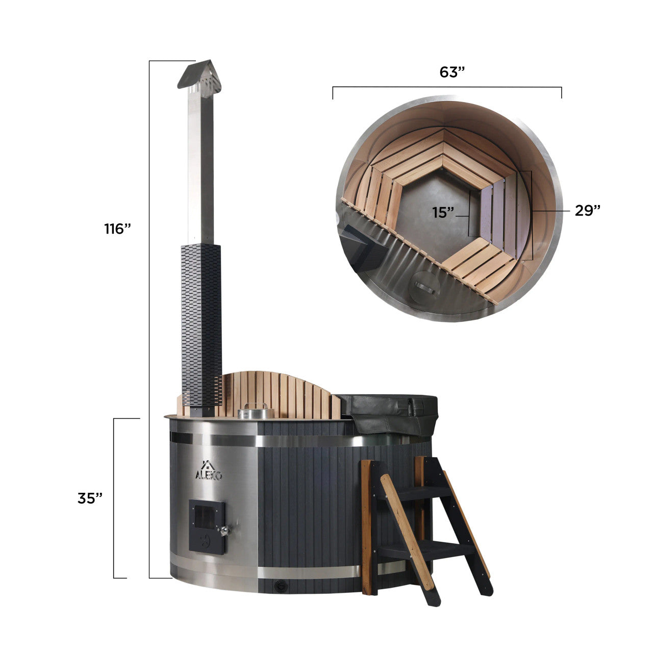 ALEKO Stainless Steel Hot Tub &amp; Cold Plunge Tub – Wood-Fired Heater – 3-5 People